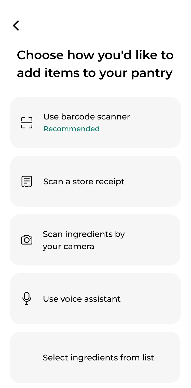 PantryLab's 'add items' screen with barcode scan, receipt scan, camera, voice and manual entry options